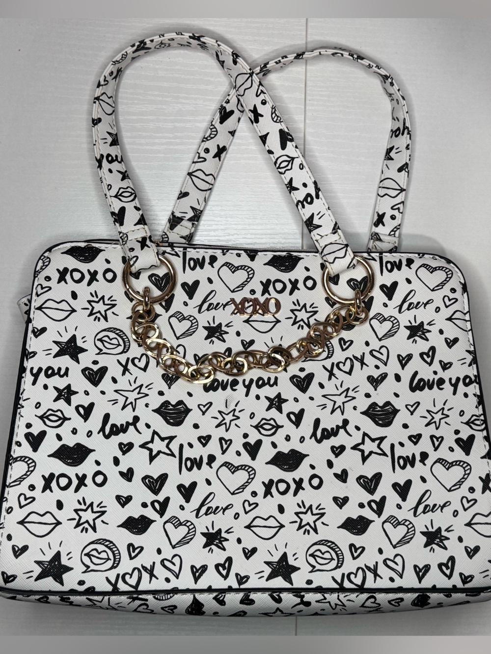 XOXO White and Black Patterned Women’s Tote Bag with Gold Chain Accent